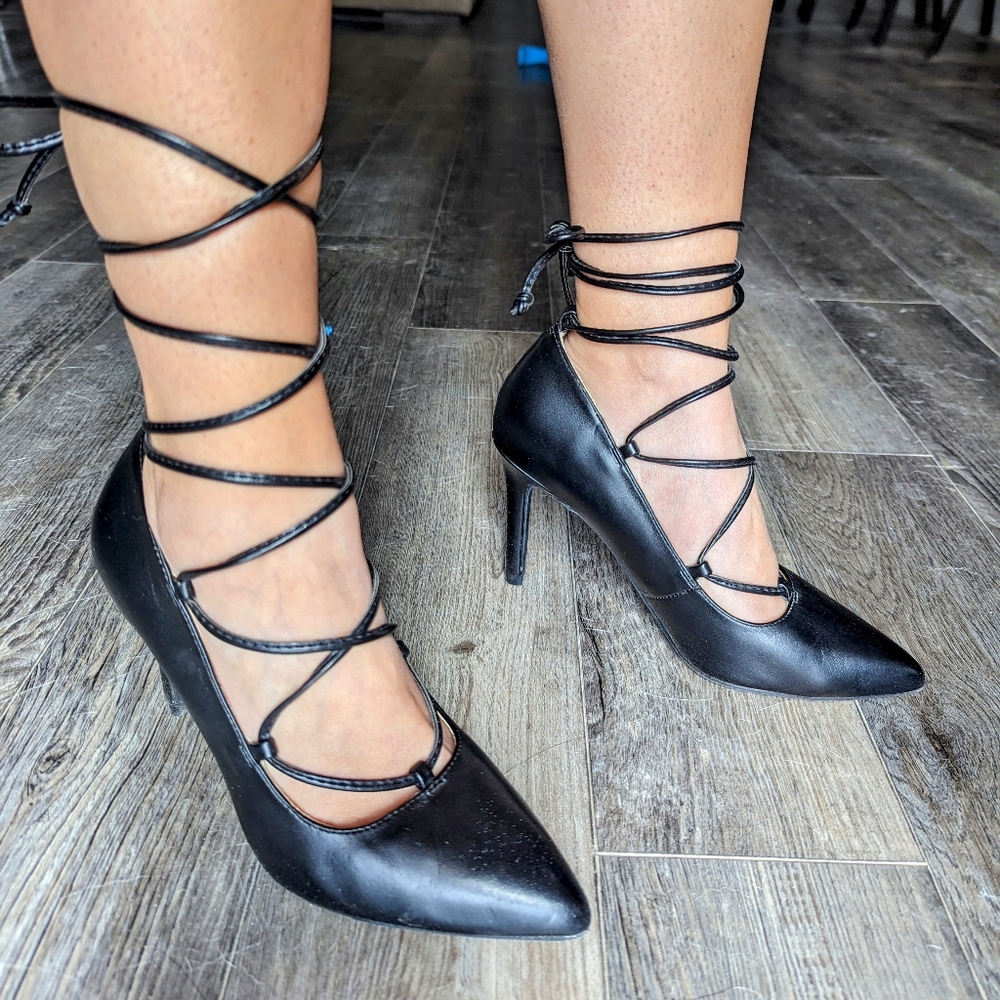 Brash black pointed toe lace up high heels sz 5.5